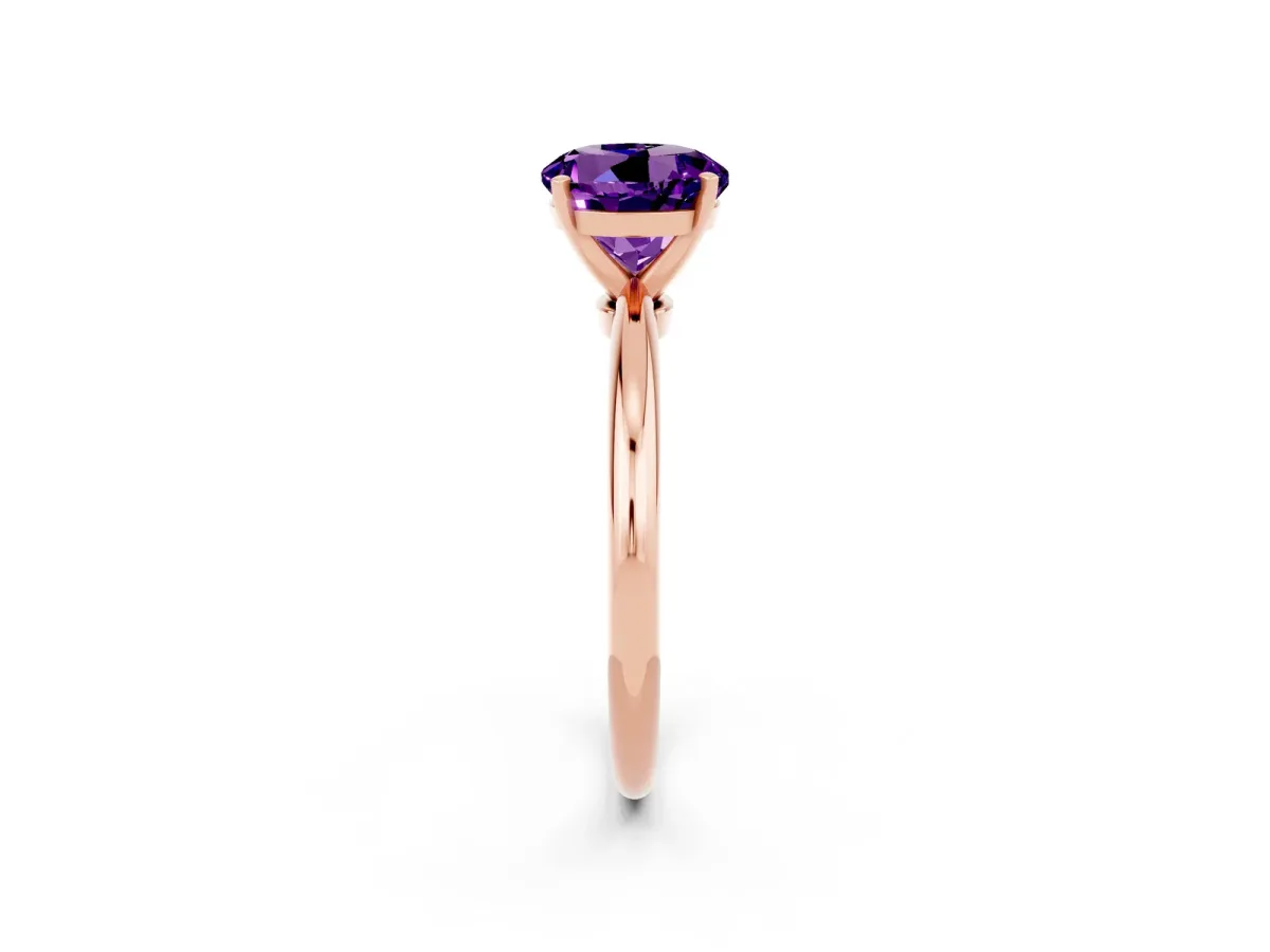 Round Cut Amethyst Solitaire Ring with Six-Prong Setting and Classic Band Rose gold
