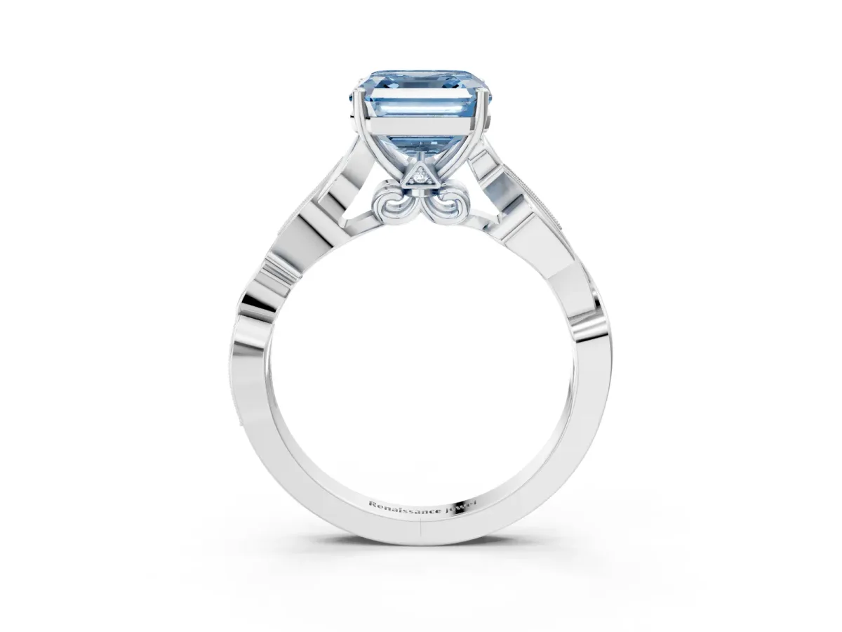 Fancy Blue Asscher Cut Solitaire Vine Band with Milgrain Prong Setting Platinum