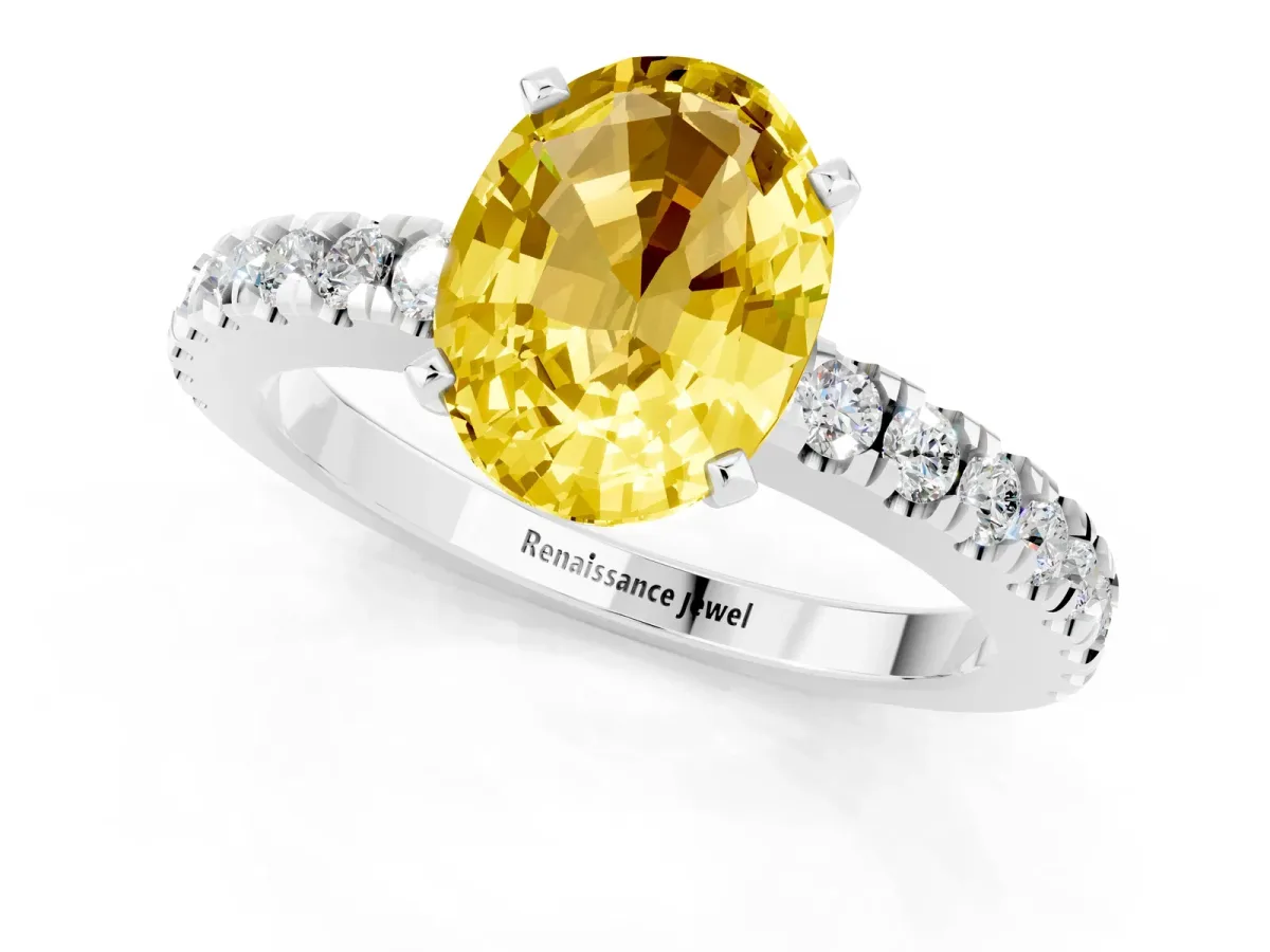 Oval Cut Solitaire Yellow Sapphire with Pavé Band and Four-Prong Setting Silver