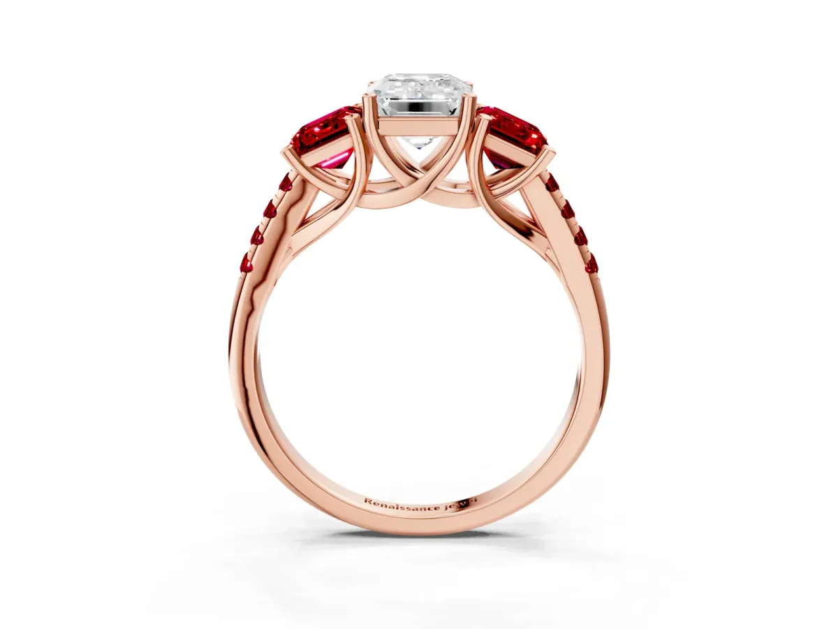 Three-Stone Emerald Cut Diamond Ring with Round Ruby Pavé Band and Prong Setting Rose gold