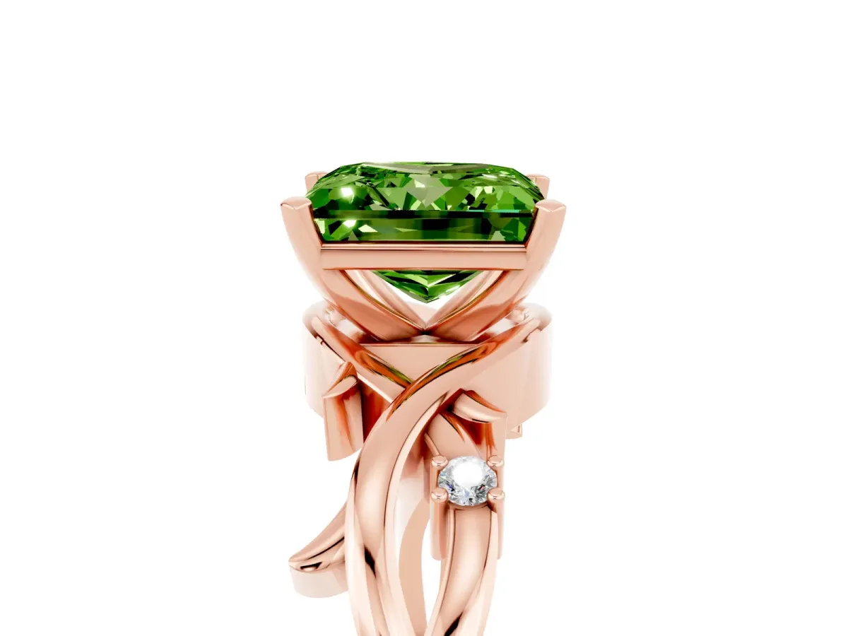 Princess Cut Peridot Solitaire Ring with Twisted Band and Prong Setting Rose gold