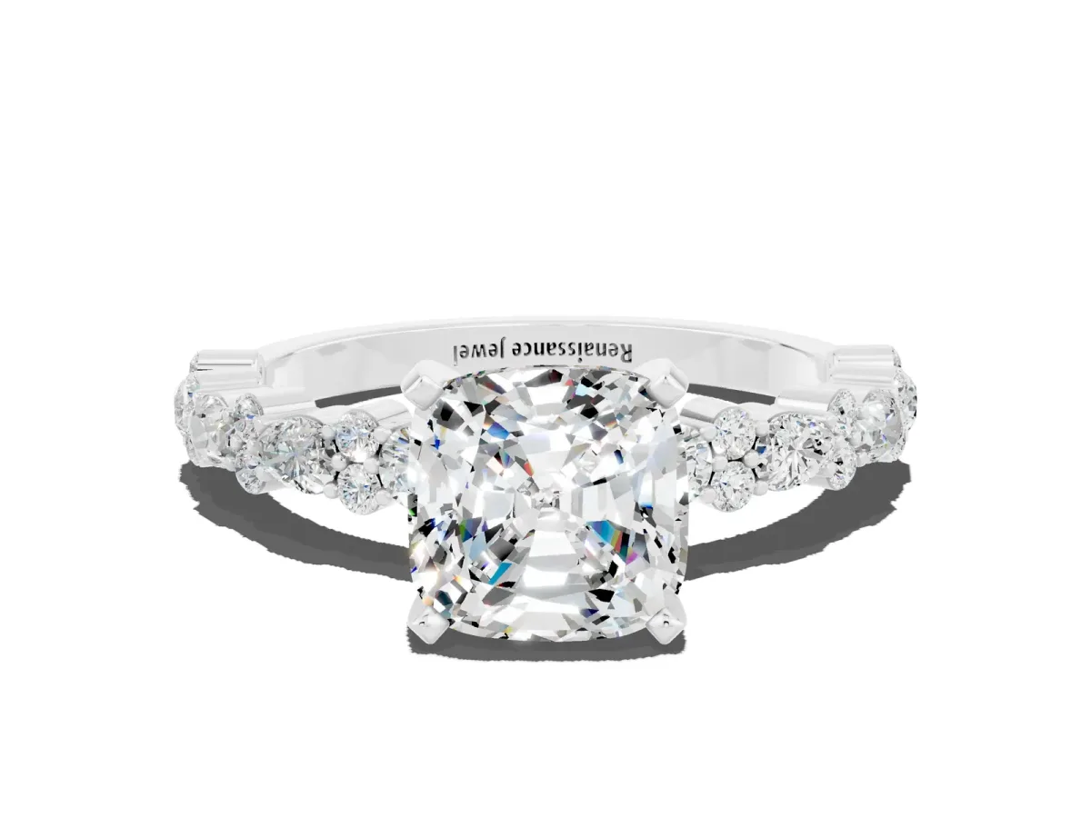 Cushion Cut Moissanite Side Stone Solitaire Ring with Round and Four-Prong Setting Platinum