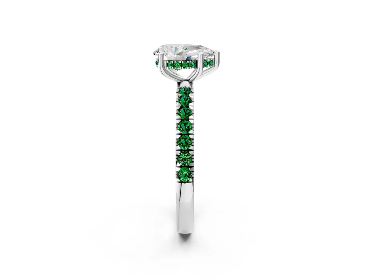 Pear Cut Diamond Pave Band Solitaire Ring with Round Emerald and Prong Setting Platinum