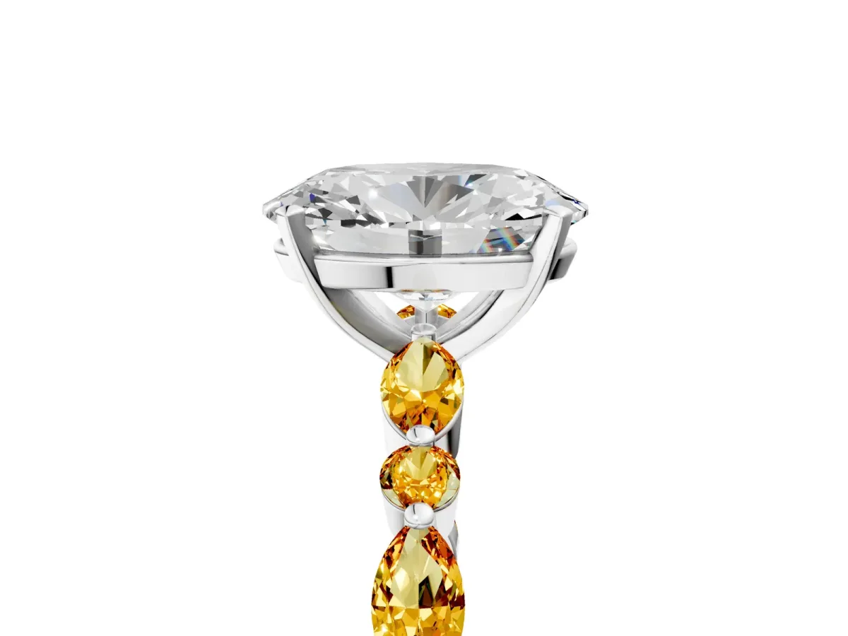 Oval Cut Diamond Ring with Marquise and Round Citrine Side Stones and Four-Prong Setting Silver