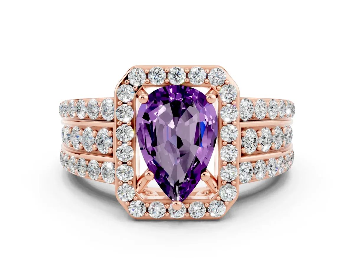 Pear Cut Halo Amethyst Ring with Round Split Shank and Prong Setting Rose gold