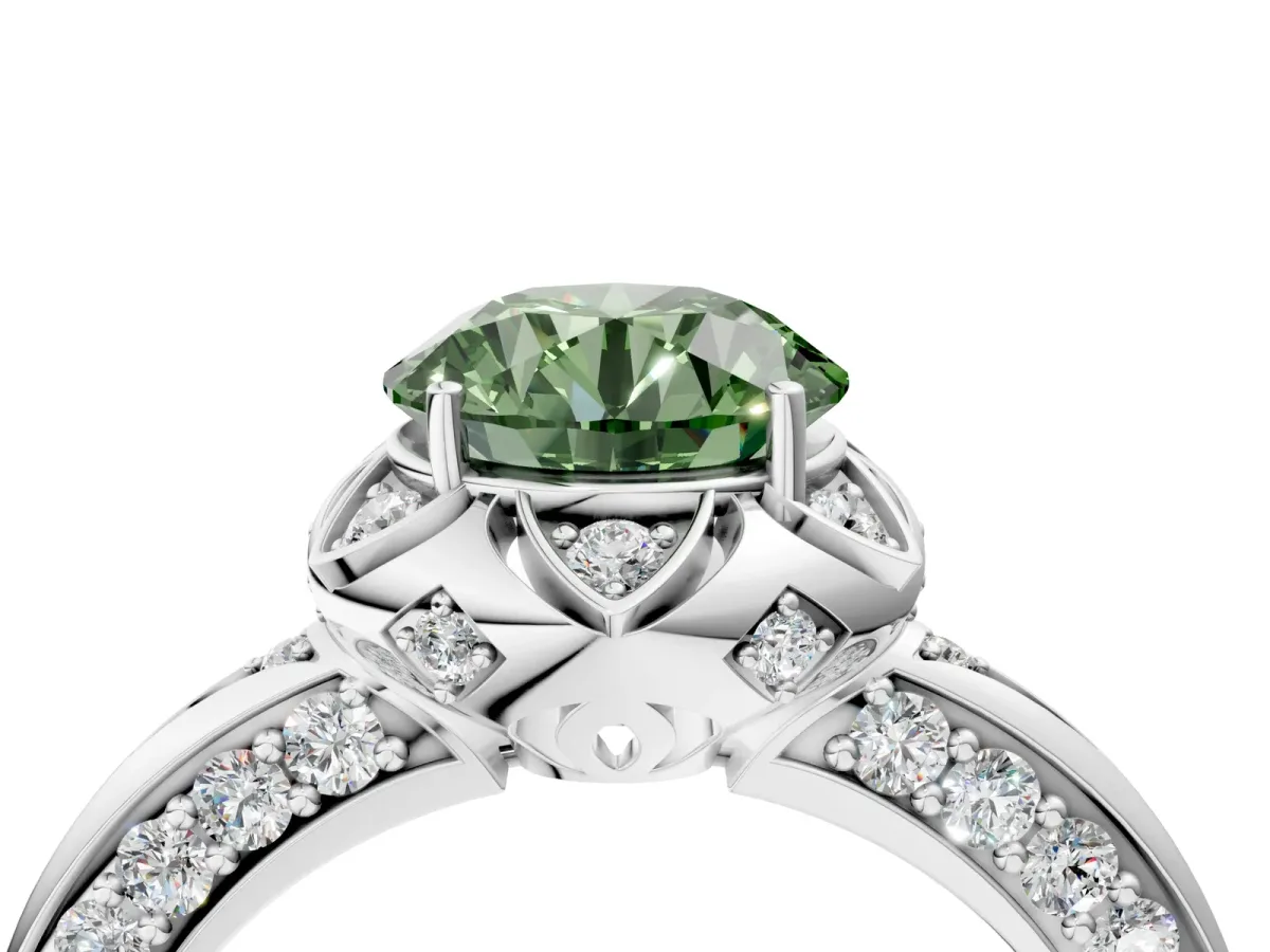 Fancy Green Round Cut Halo Split Shank Pave Diamond Ring with Petal Prong Setting Platinum