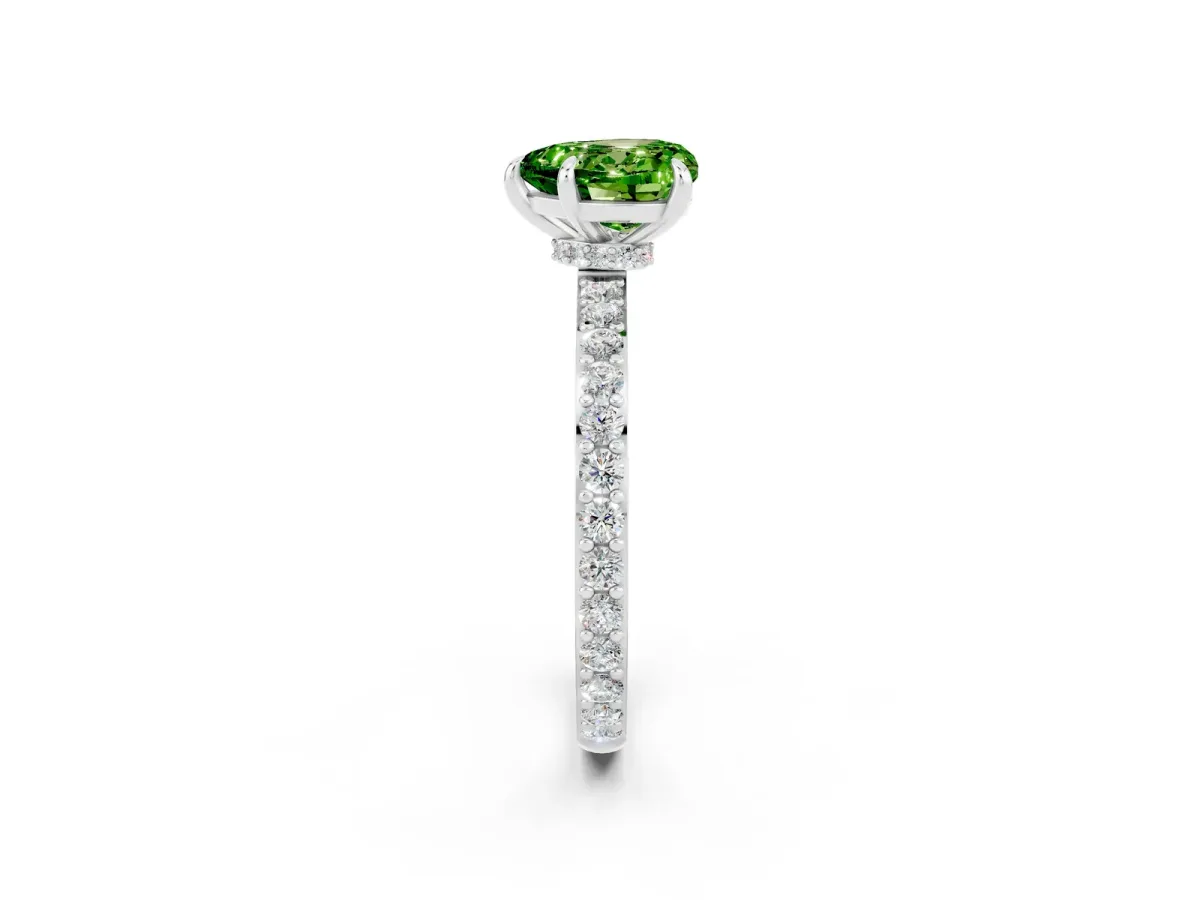 Heart Cut Peridot Solitaire Engagement Ring with Pavé Band and Four-Prong Setting Silver