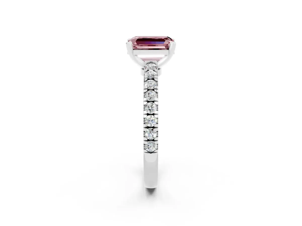 Emerald Cut Solitaire Morganite with Pavé Band and Four-Prong Setting Platinum