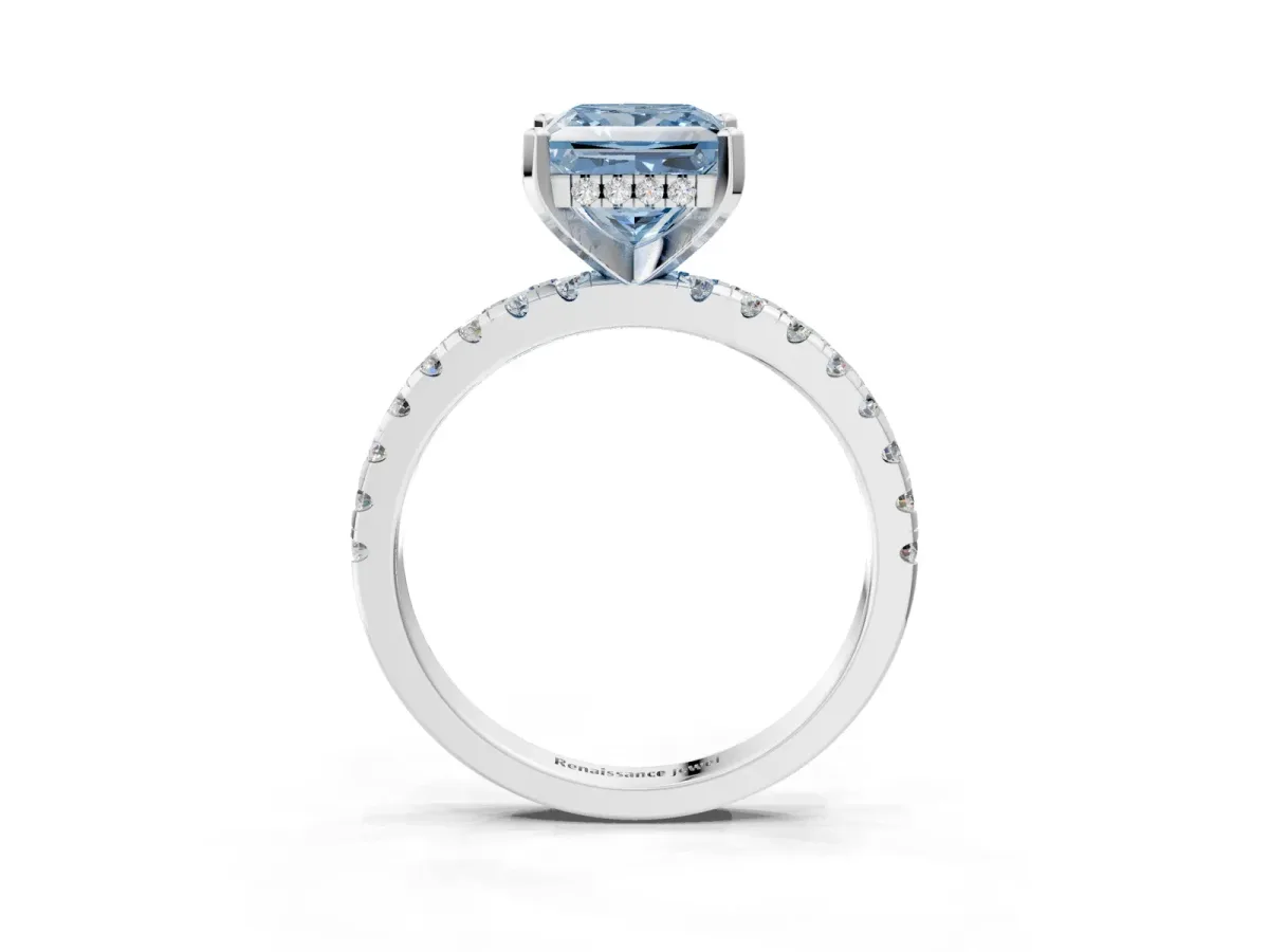 Fancy Blue Princess Cut Diamond Solitaire Ring with Round Pavé Band and Four-Prong Setting Silver