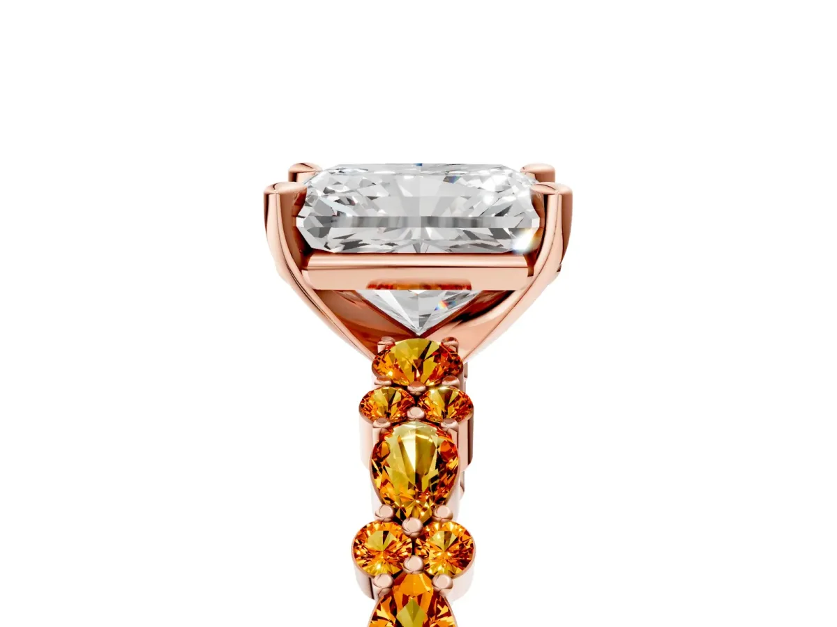 Radiant Cut Diamond Side Stone Solitaire Ring with Round Citrine and Four-Prong Setting Rose gold