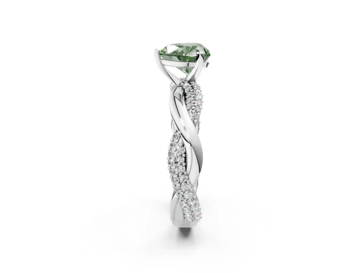Fancy Green Heart Cut Solitaire Twist Band with Pave Prong Setting Platinum