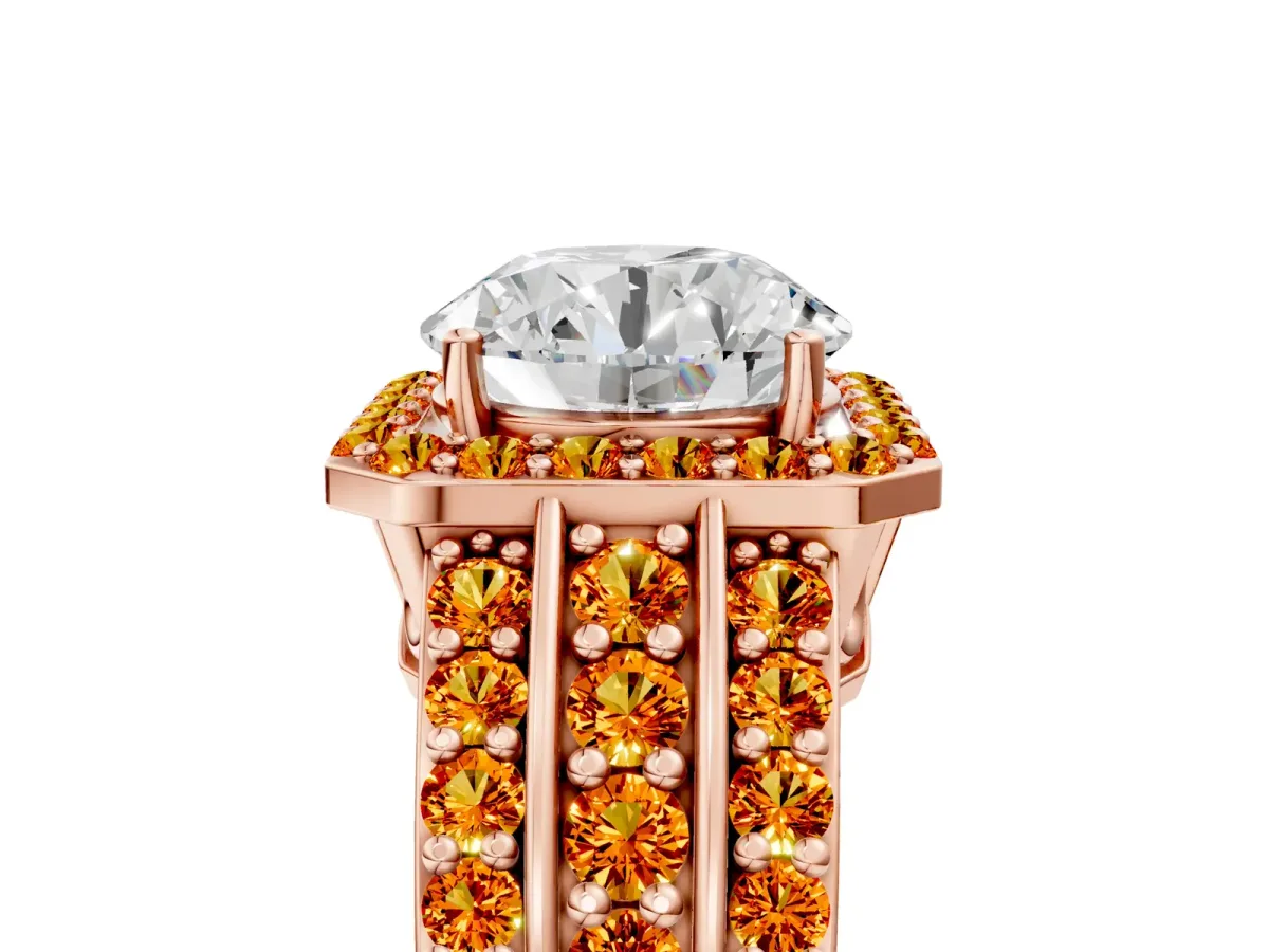 Round Cut Halo Diamond Ring with Round Citrine Split Shank and Prong Setting Rose gold