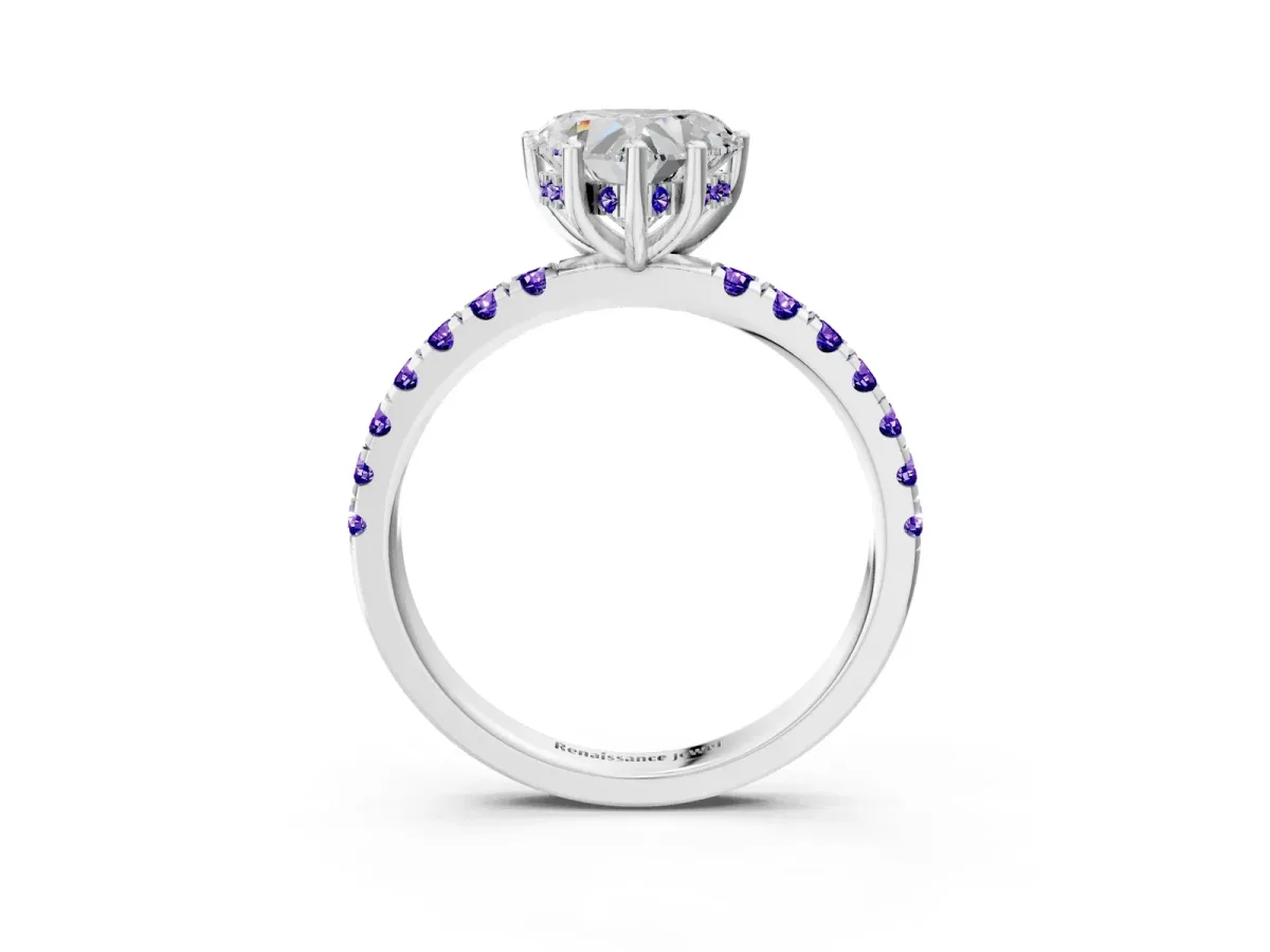 Heart Cut Diamond Pave Band Solitaire Ring with Round Tanzanite and Prong Setting Silver
