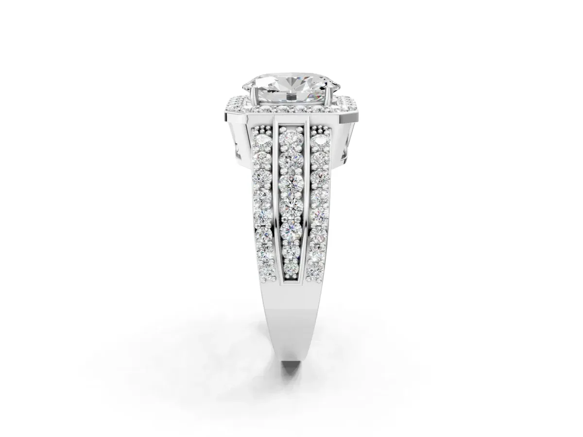Oval Cut Halo Diamond Ring with Round Moissanite Split Shank and Prong Setting Platinum