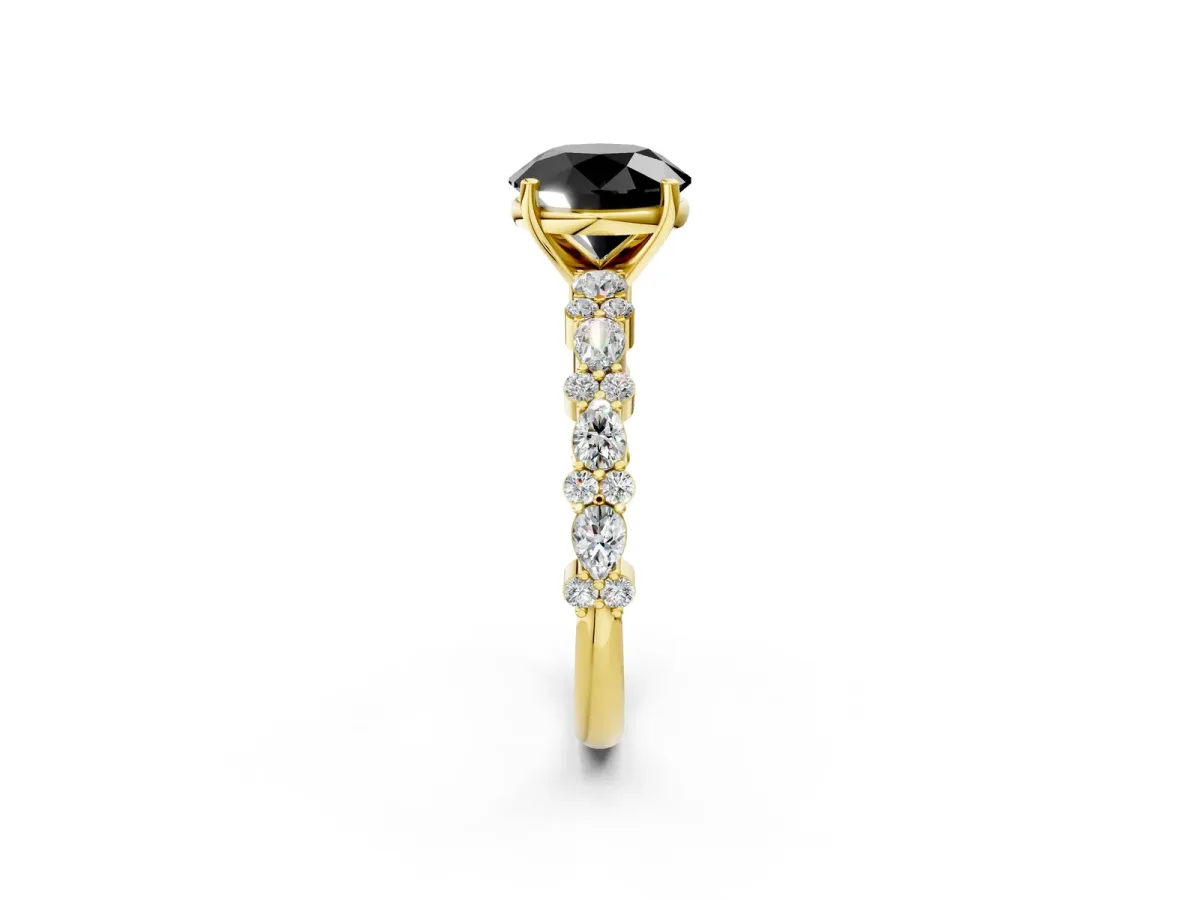 Fancy Black Round Cut Diamond Side Stone Solitaire Ring with Round and Four-Prong Setting Yellow gold
