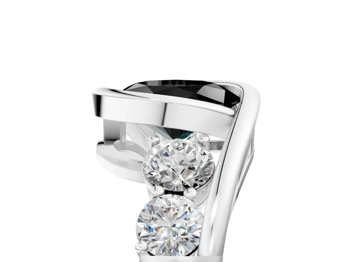 Fancy Black Bezel Set Oval Cut Diamond Bypass Ring with Round Accents Silver