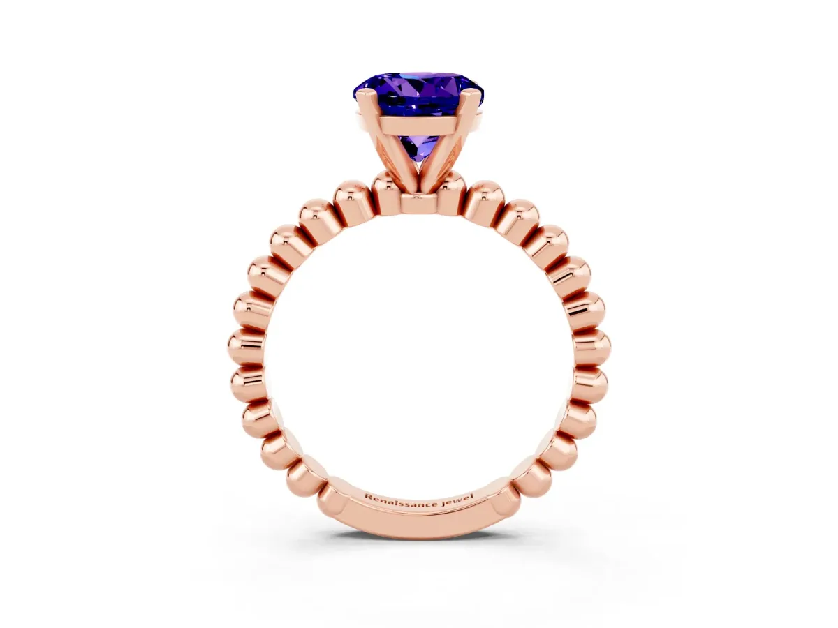 Round Cut Tanzanite Solitaire Ring with Beaded Band and Prong Setting Rose gold