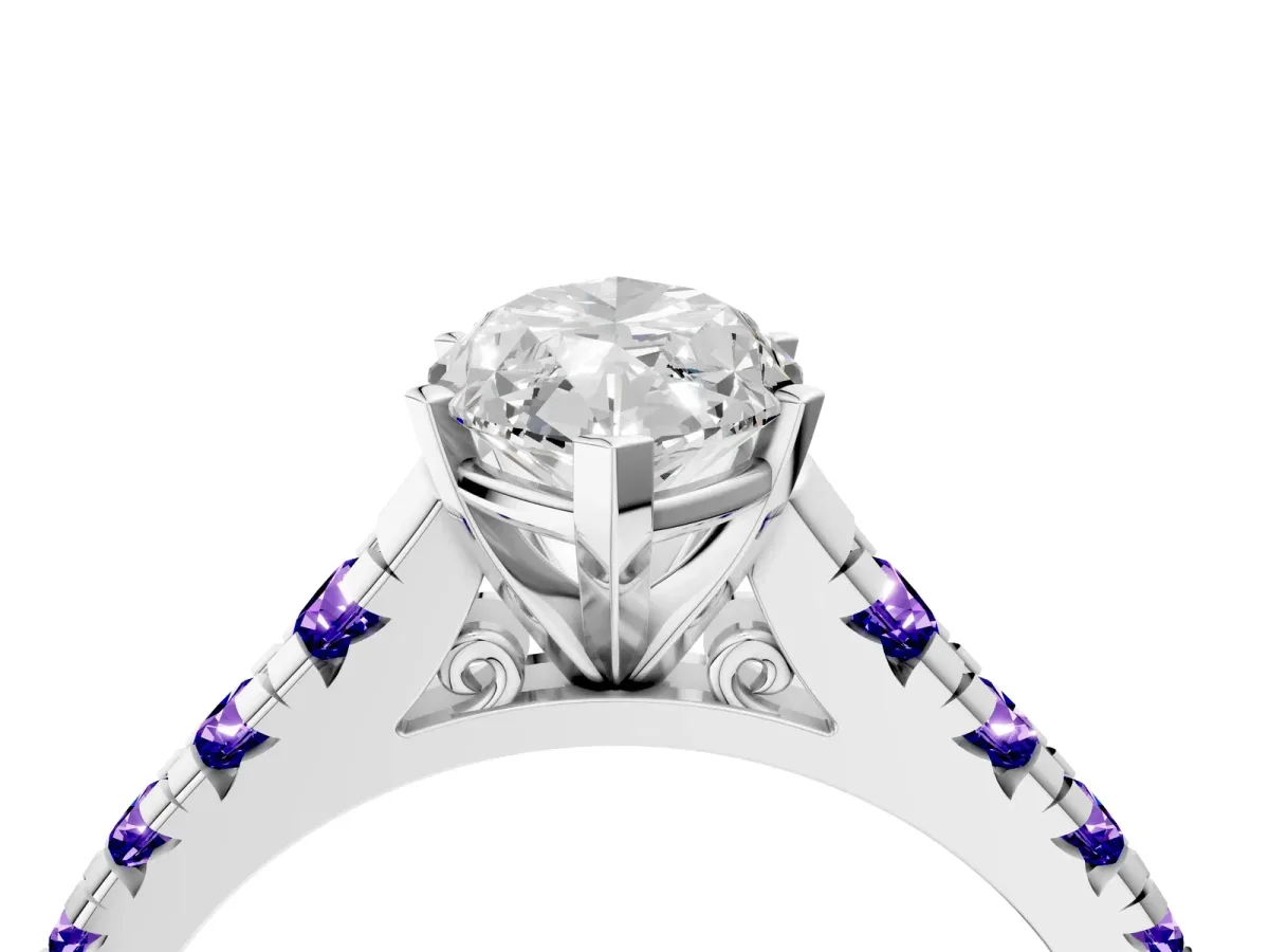 Marquise Cut Diamond Cathedral Solitaire Ring with Round Tanzanite Pavé Band Silver