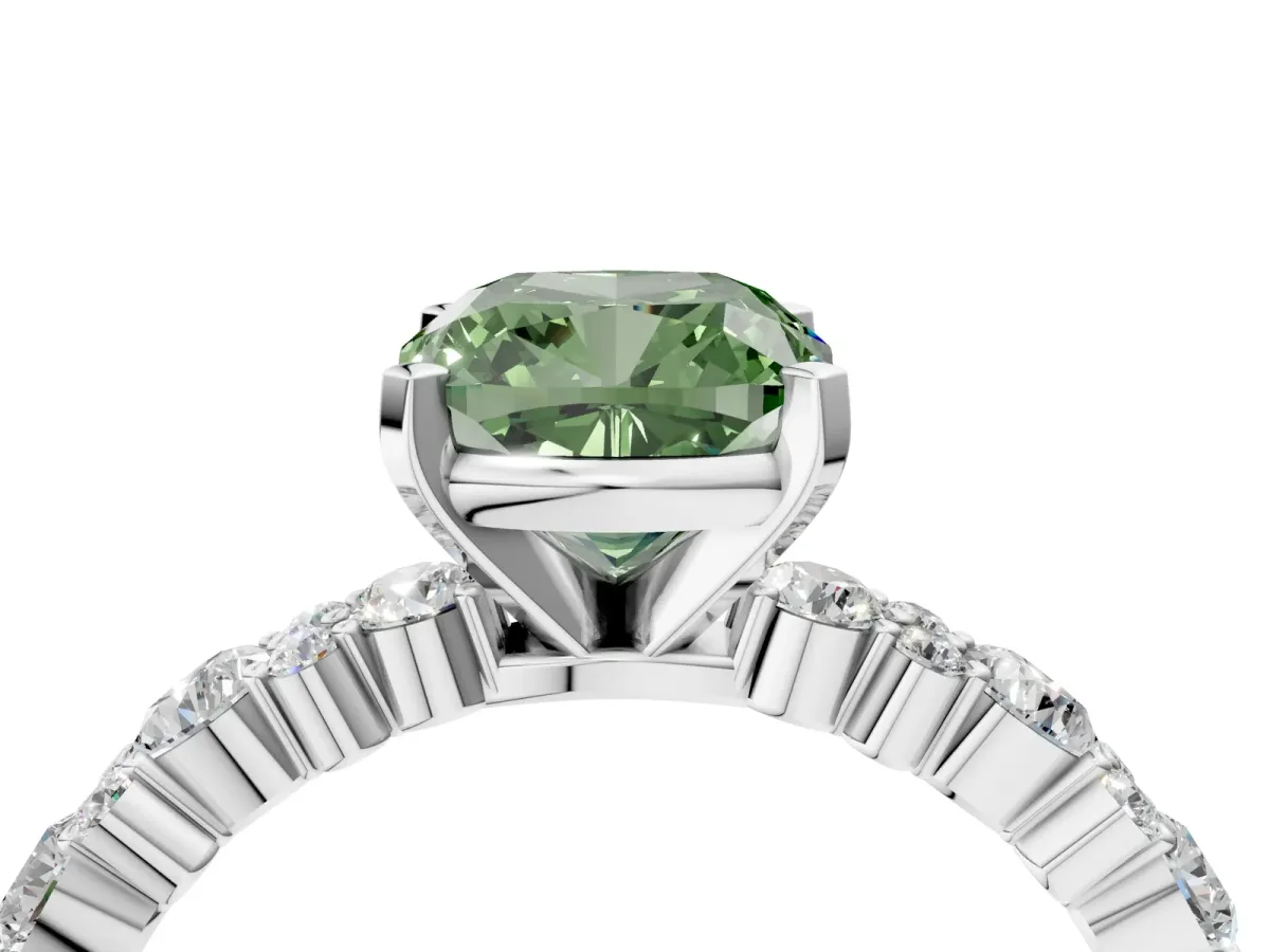 Fancy Green Cushion Cut Diamond Side Stone Solitaire Ring with Round and Four-Prong Setting Platinum