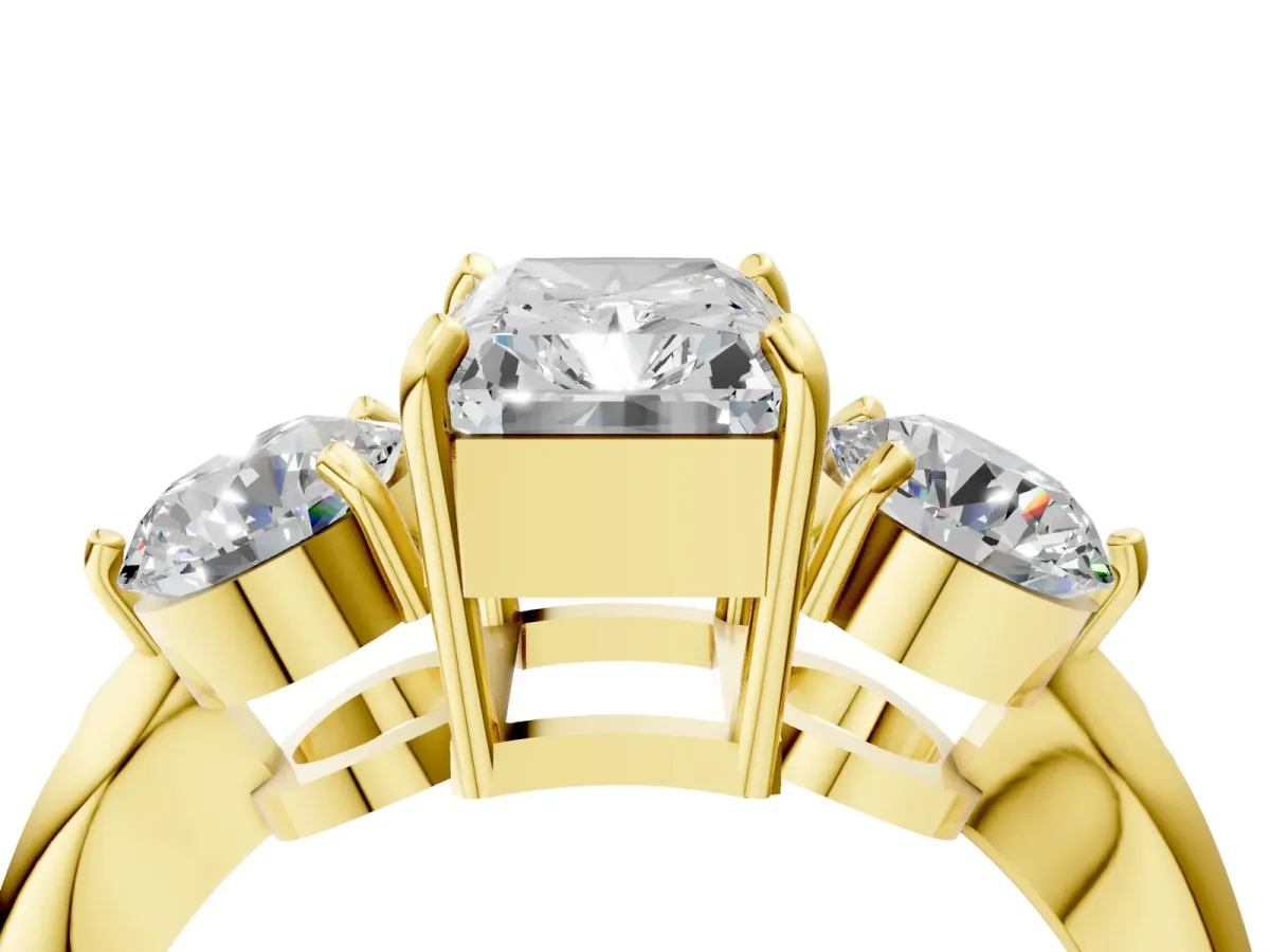 Three-Stone Radiant Cut Diamond Channel Set Engagement Ring with Prong Setting Yellow gold