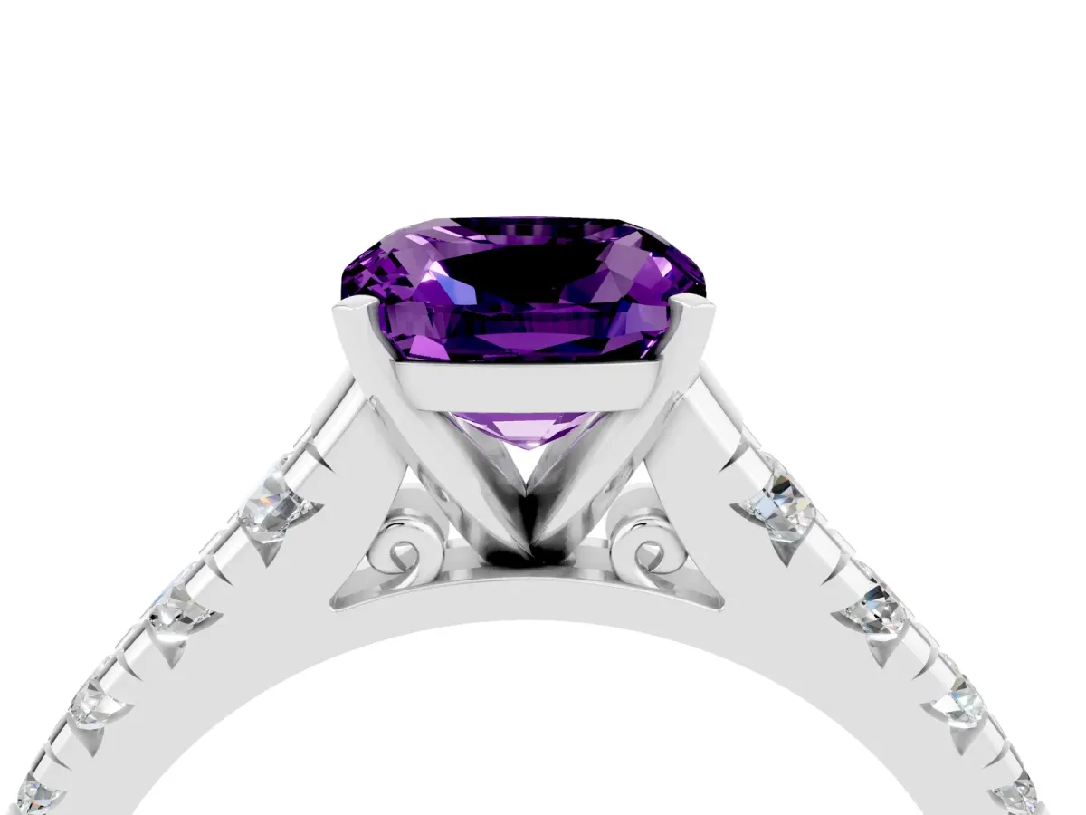 Cushion Cut Amethyst Cathedral Solitaire Ring with Round Pavé Band Platinum