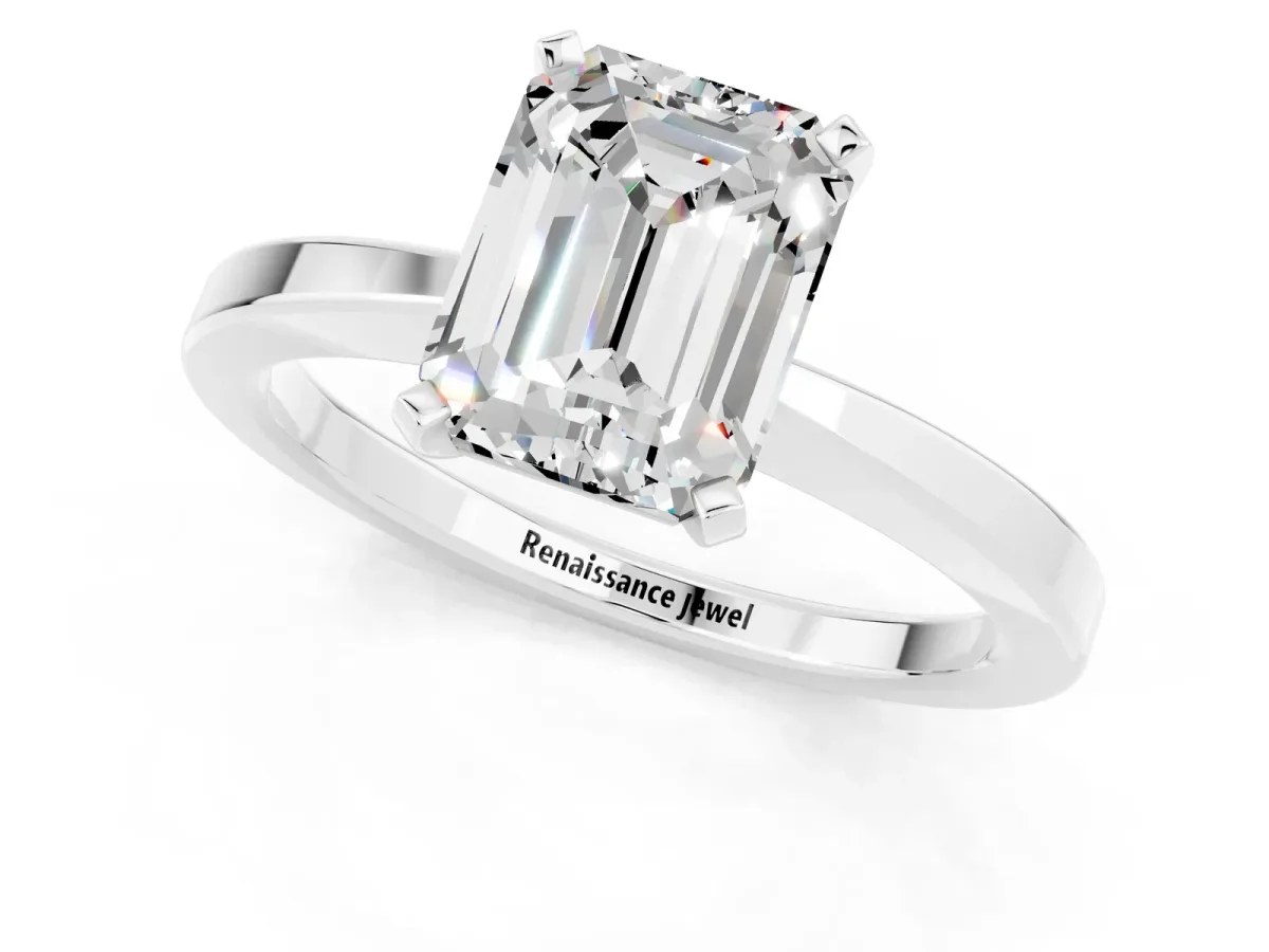 Emerald Cut Moissanite Solitaire Engagement Ring with Classic Band and Four-Prong Setting Silver