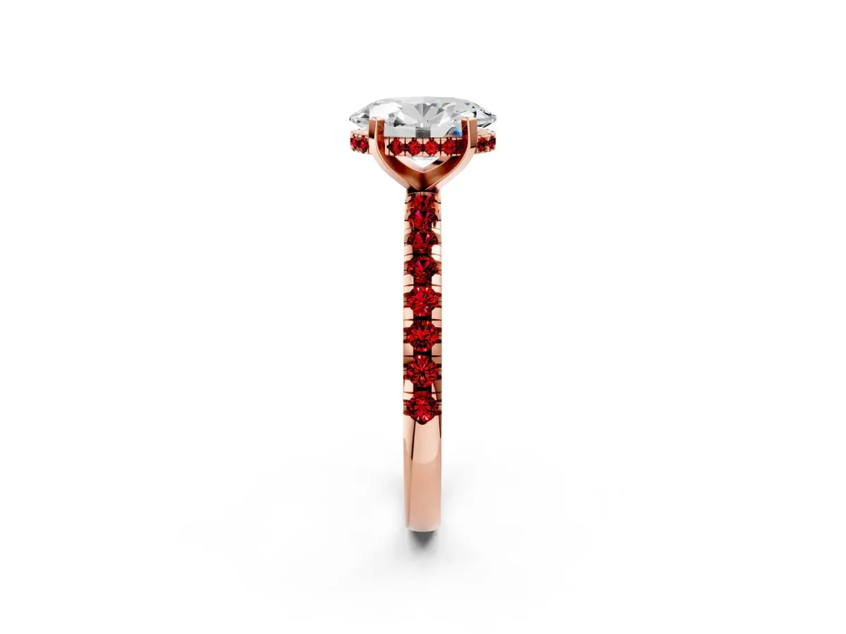 Oval Cut Diamond Solitaire Ring with Round Ruby Pavé Band and Four-Prong Setting Rose gold