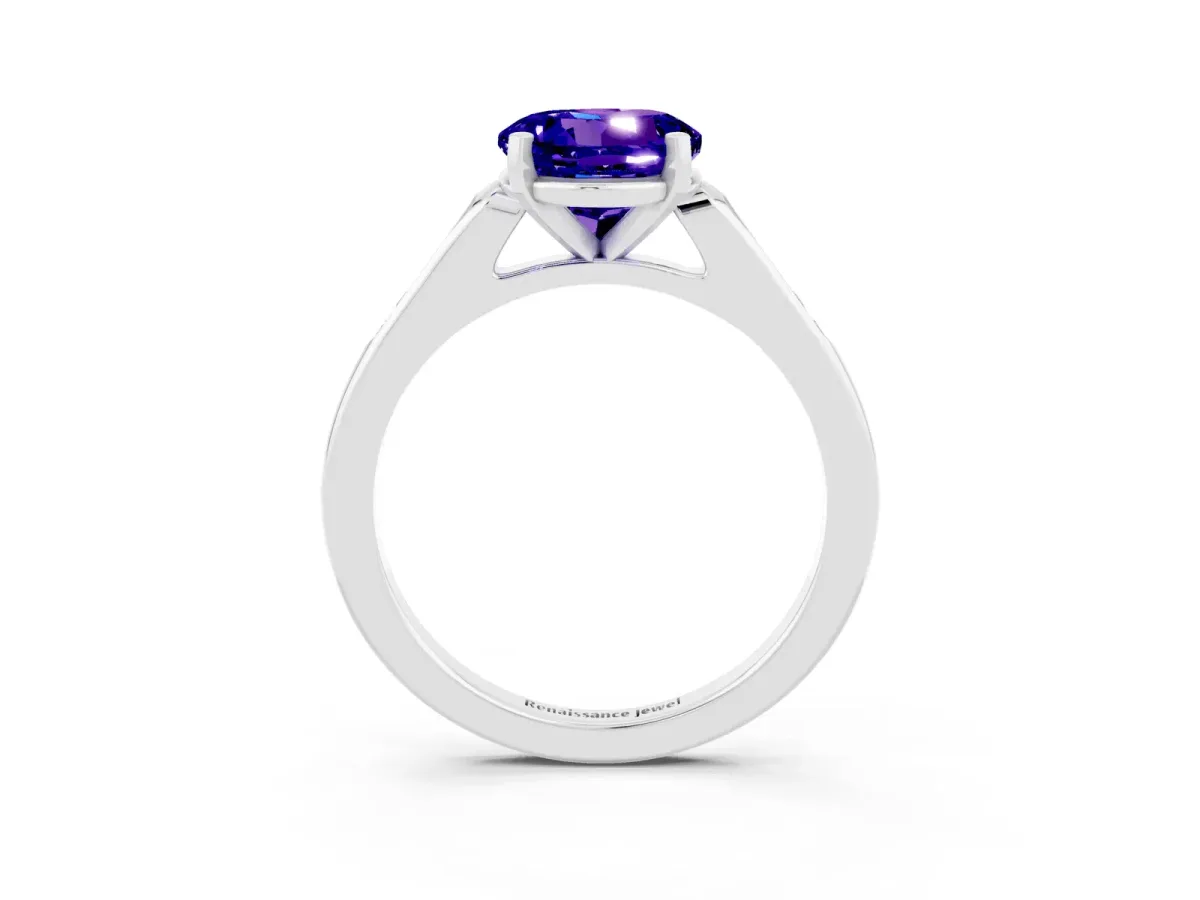 Round Cut Tanzanite Solitaire Ring with Channel Set Round Band and Prong Setting Platinum