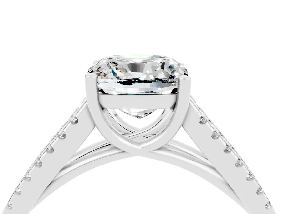 Cushion Cut Moissanite Solitaire Engagement Ring with Split Shank Pavé Band Silver