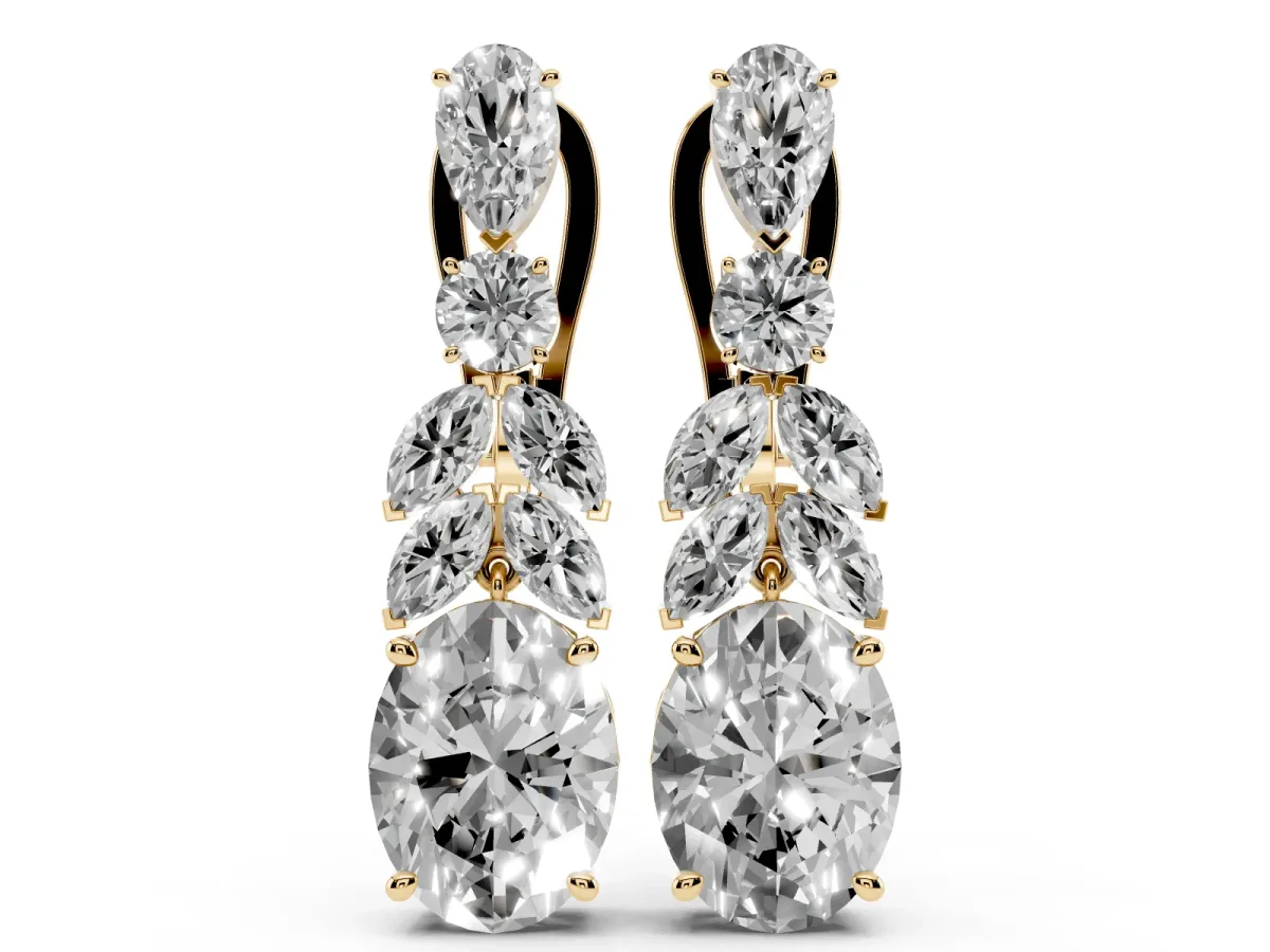 Oval, Marquise and Round Diamond Huggie Drop Earrings Yellow gold