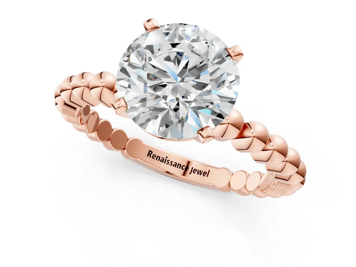 Round Cut Diamond Solitaire Ring with Beaded Band and Prong Setting Rose gold