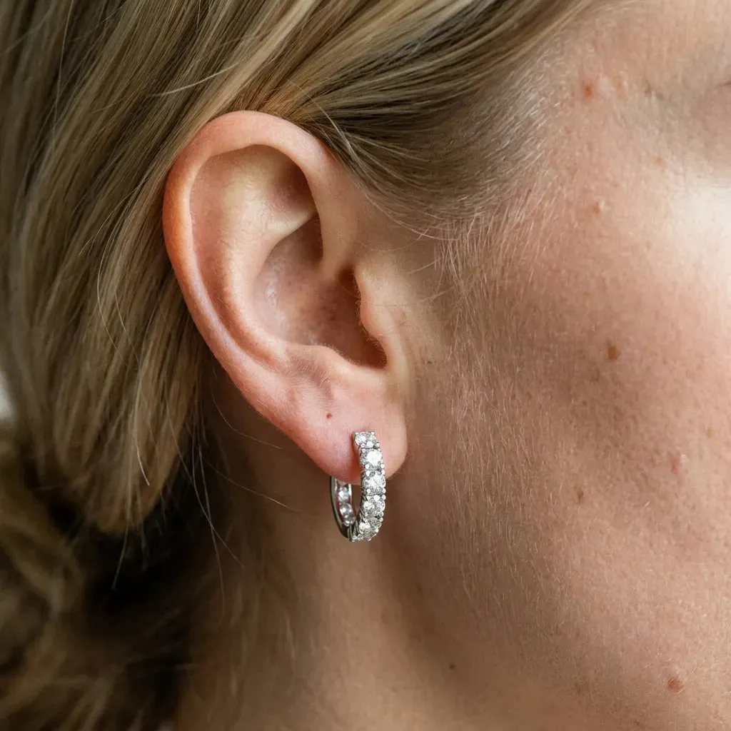 Round Diamond Channel Set Hoop Earrings with Four-Prong Setting Silver