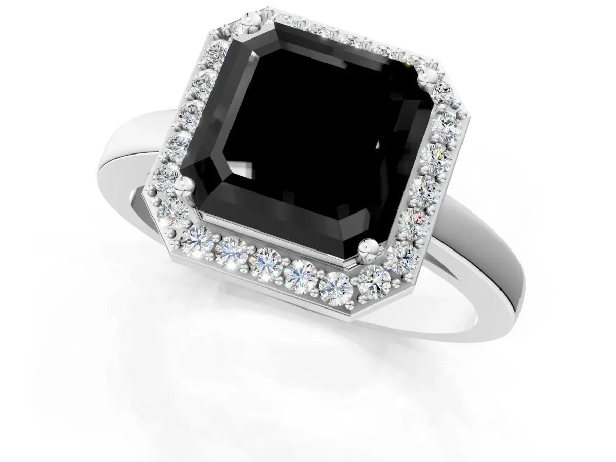 Fancy Black Asscher Cut Halo Diamond Ring with Solitaire Band and Prong Setting Platinum