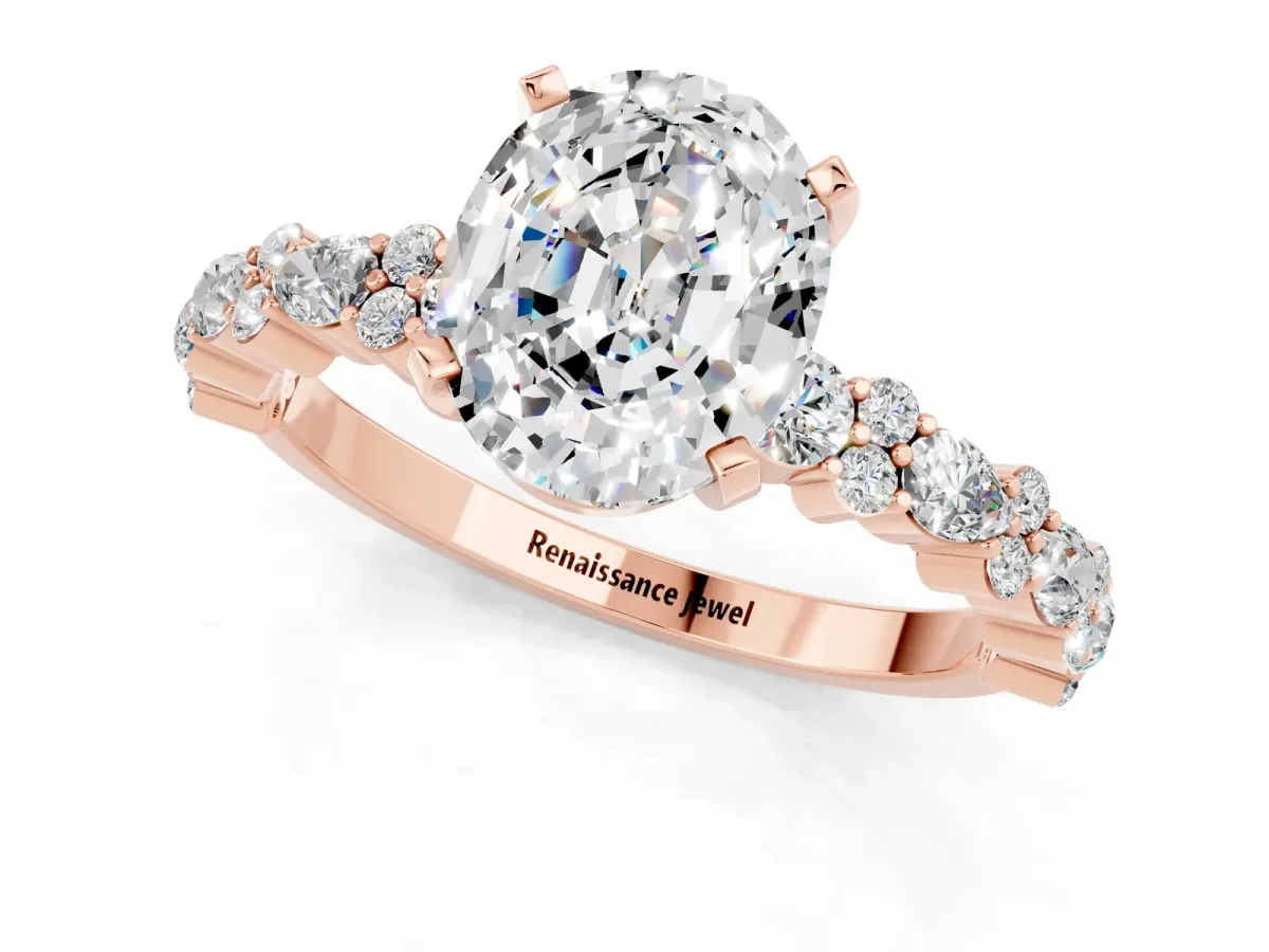 Oval Cut Moissanite Side Stone Solitaire Ring with Round and Four-Prong Setting Rose gold