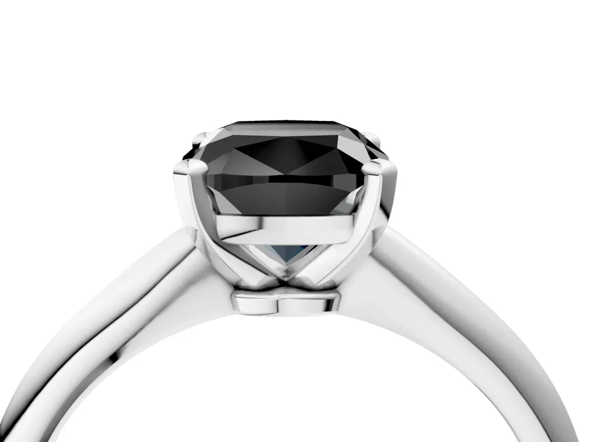 Fancy Black Cushion Cut Diamond Solitaire Engagement Ring with Classic Band and Four-Prong Setting Silver