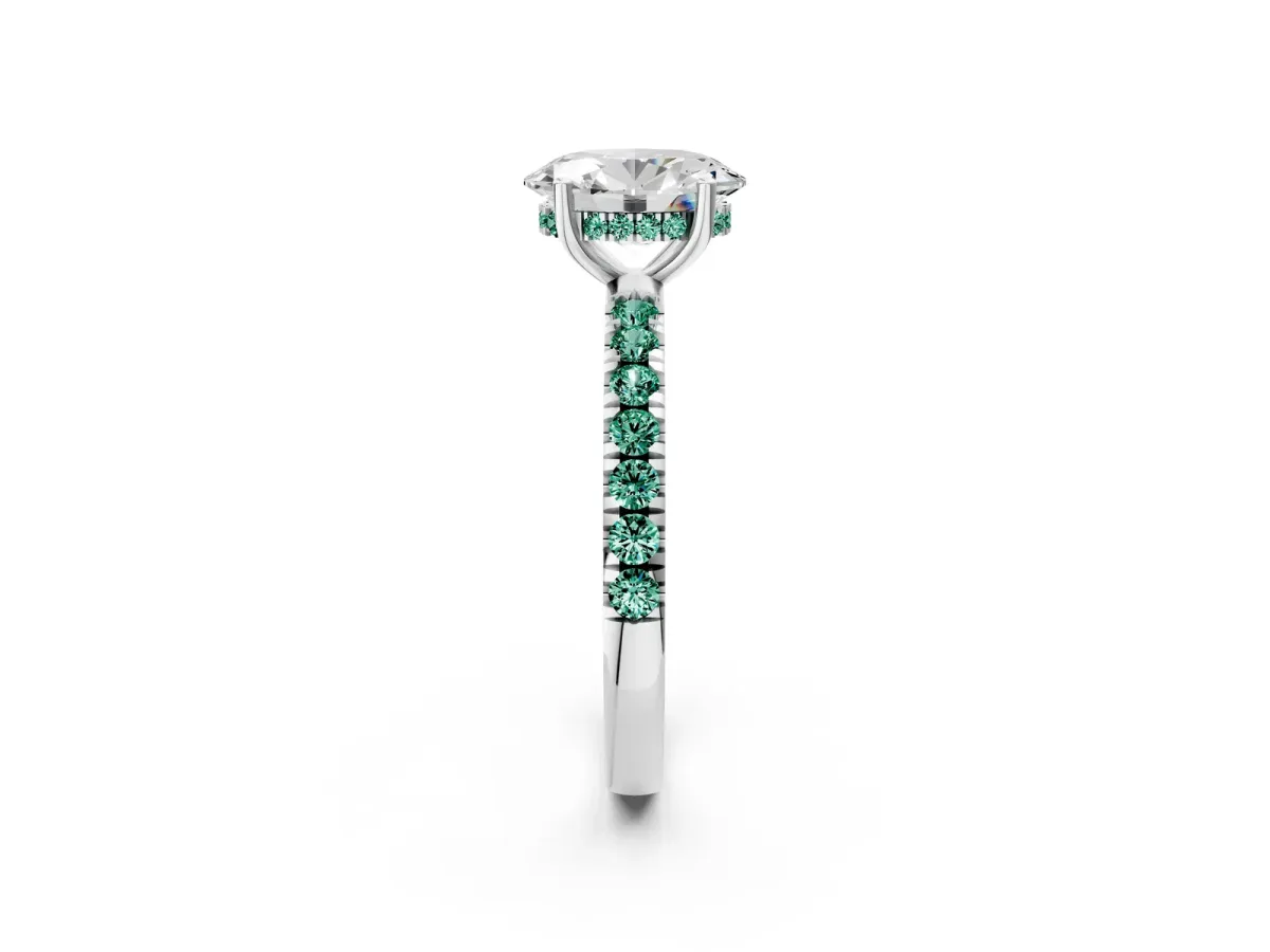Oval Cut Diamond Pave Band Solitaire Ring with Round Green Sapphire and Prong Setting Silver
