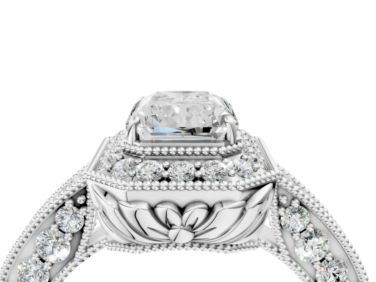 Radiant Cut Halo Diamond Split Shank Ring with Milgrain Detail Platinum