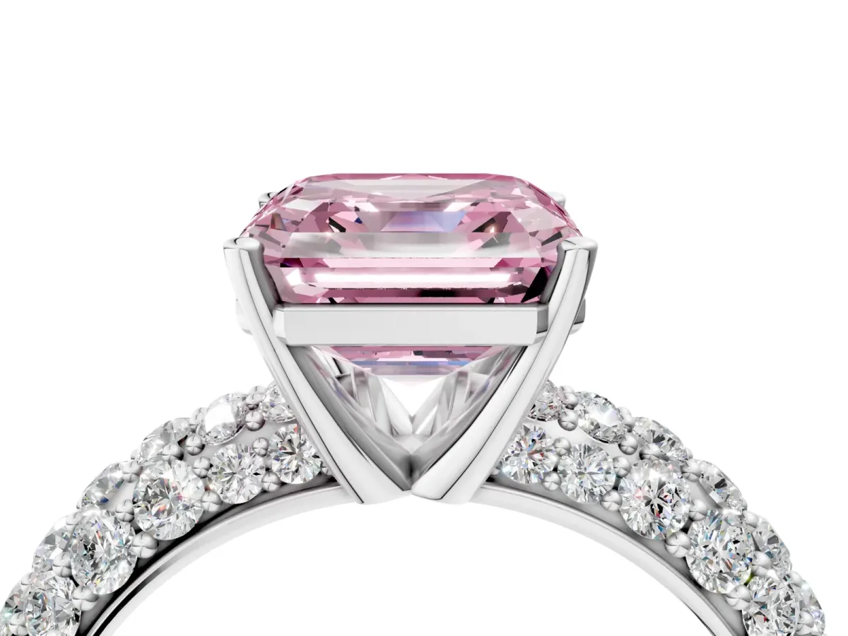 Fancy Pink Asscher Cut Diamond Pavé Band Solitaire Ring with Four-Prong Setting Platinum
