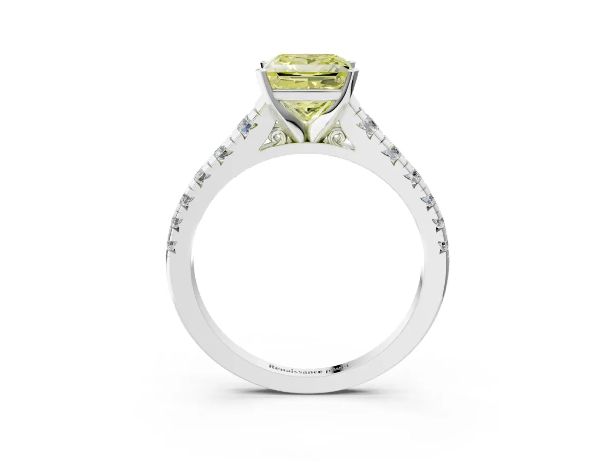 Fancy Yellow Princess Cut Diamond Cathedral Solitaire Ring with Round Pavé Band Silver
