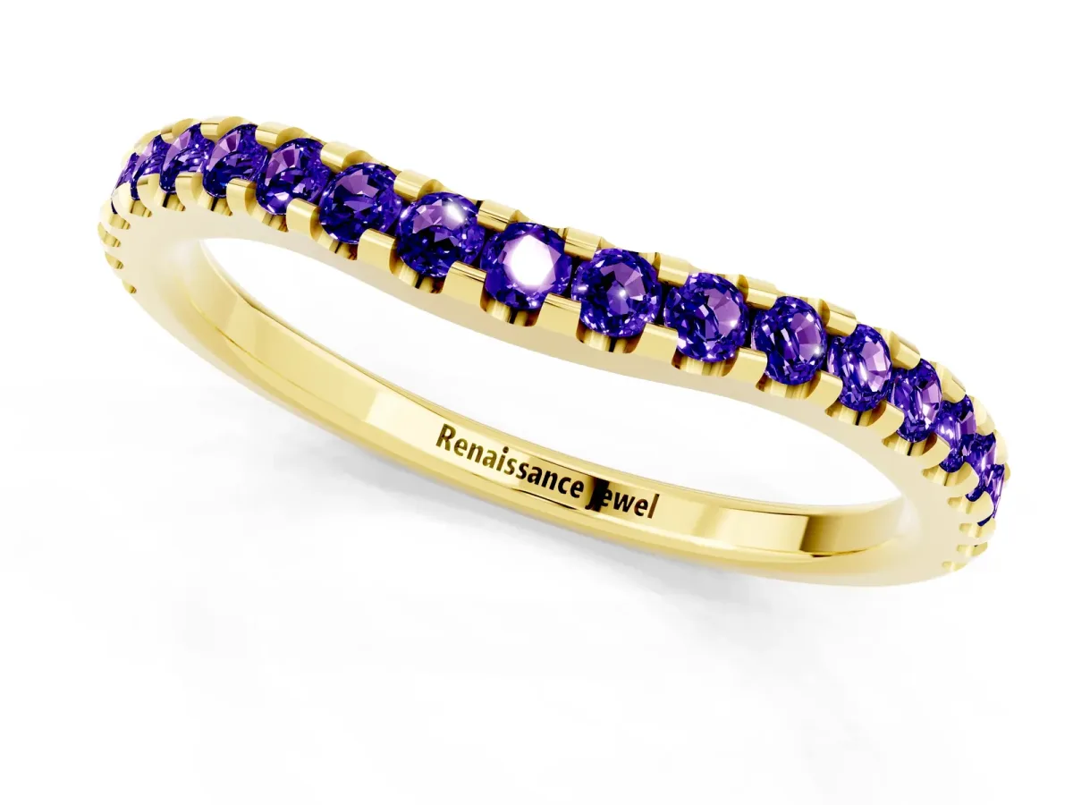 Round Tanzanite Pavé Curved Wedding Band Yellow gold