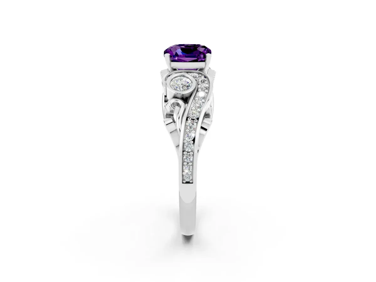 Cushion Cut Amethyst Solitaire Ring with Milgrain Pavé Band and Four-Prong Setting Silver