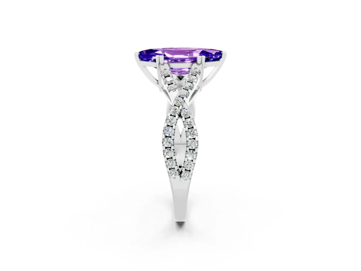 Marquise Cut Tanzanite Solitaire Ring with Four-Prong Setting and Twisted Pavé Band Silver