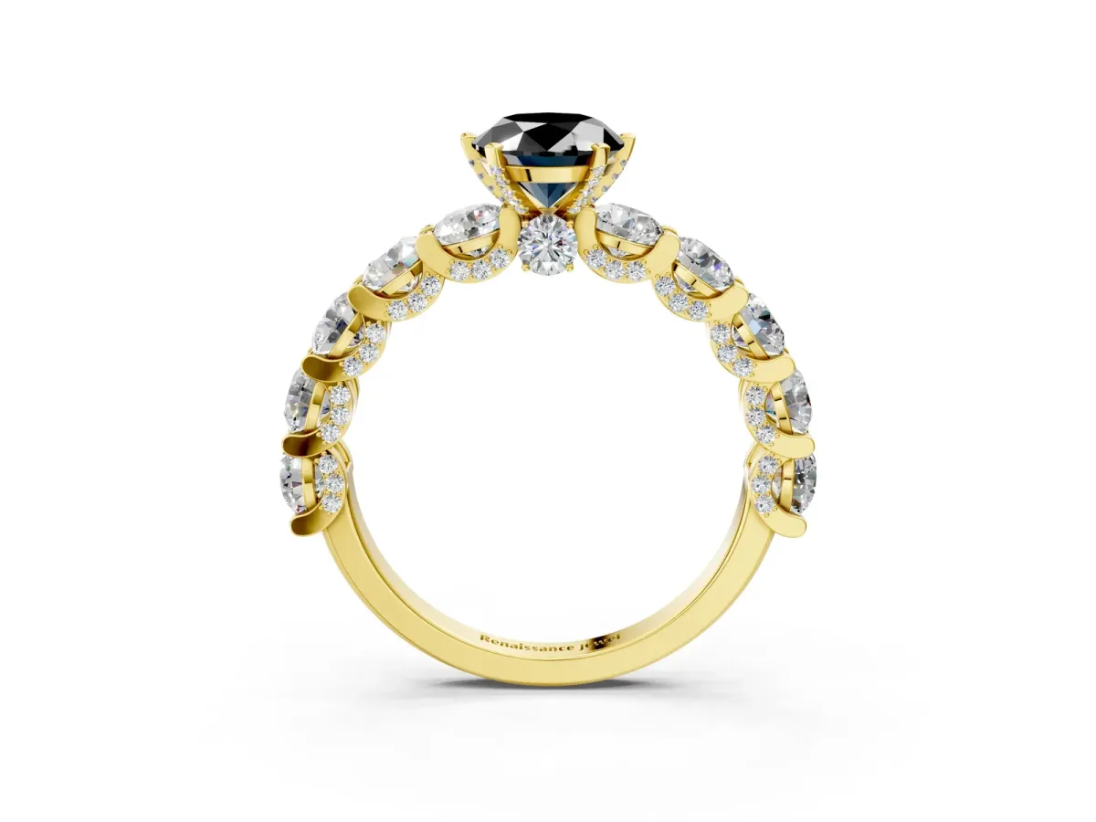 Fancy Black Oval Cut Diamond Side Stone Engagement Ring with Four-Prong Setting Yellow gold