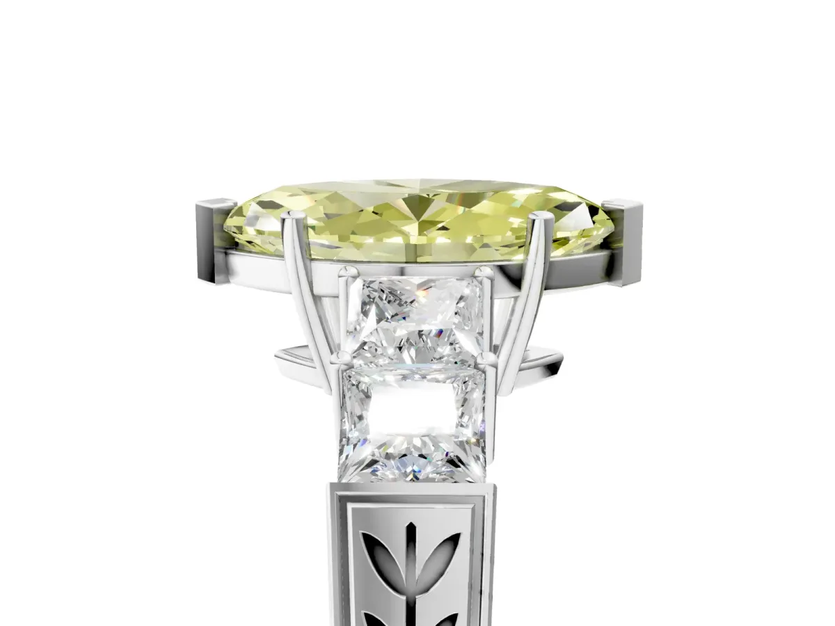 Fancy Yellow Marquise Cut Solitaire Princess Side Stone Engraved Band Prong Setting Ring Silver