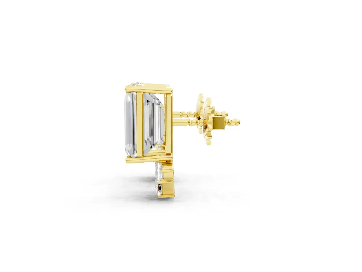 Emerald Cut Diamond Stud Earrings with Round and Oval Accents Yellow gold