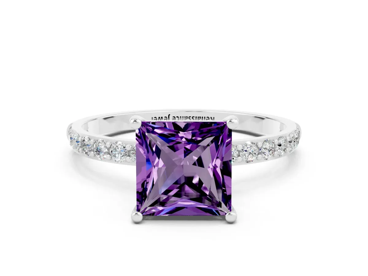 Princess Cut Amethyst Solitaire Ring with Round Pavé Band and Prong Setting Silver