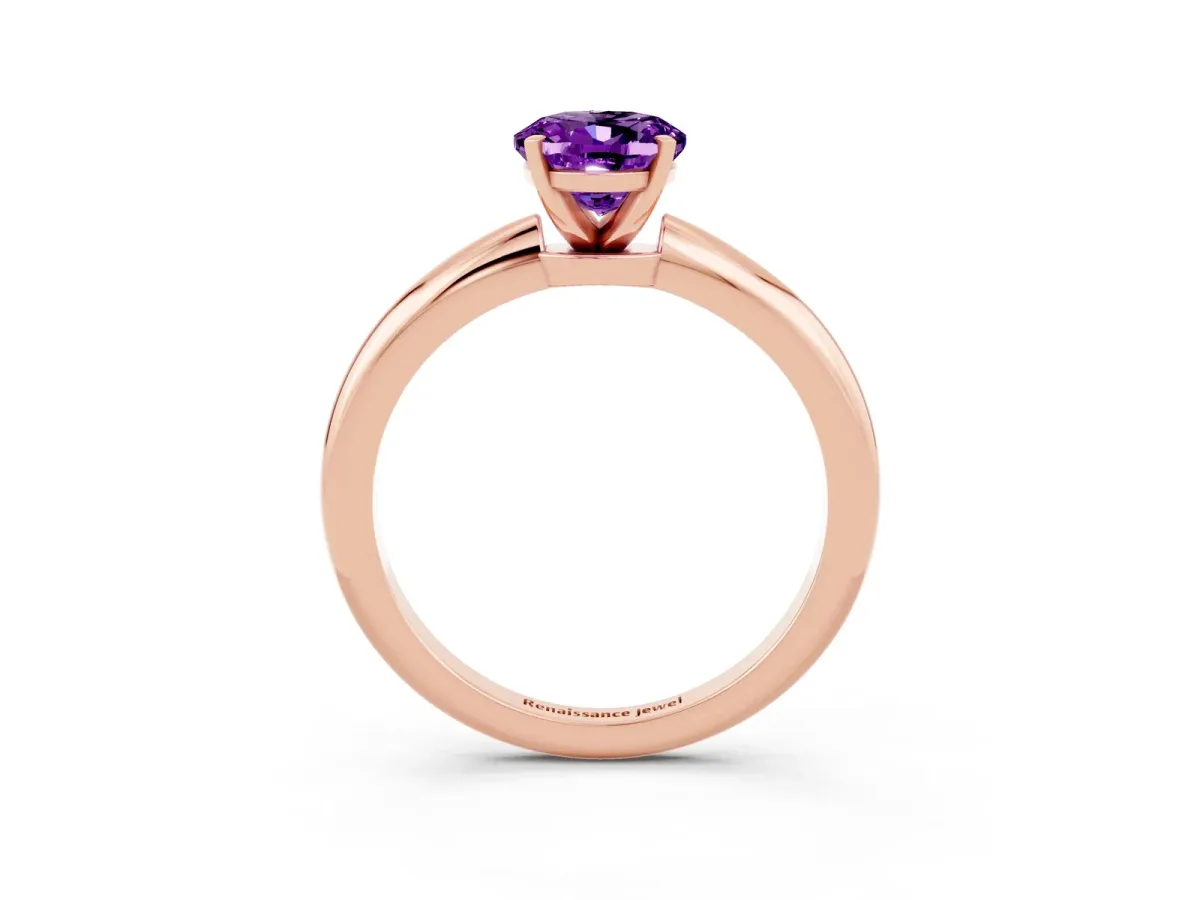 Oval Cut Amethyst Solitaire Ring with Six-Prong Setting and Classic Band Rose gold