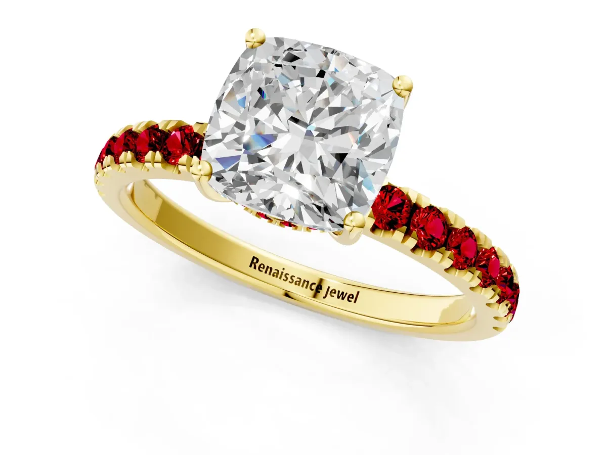 Cushion Cut Diamond Pave Band Solitaire Ring with Round Ruby and Prong Setting Yellow gold