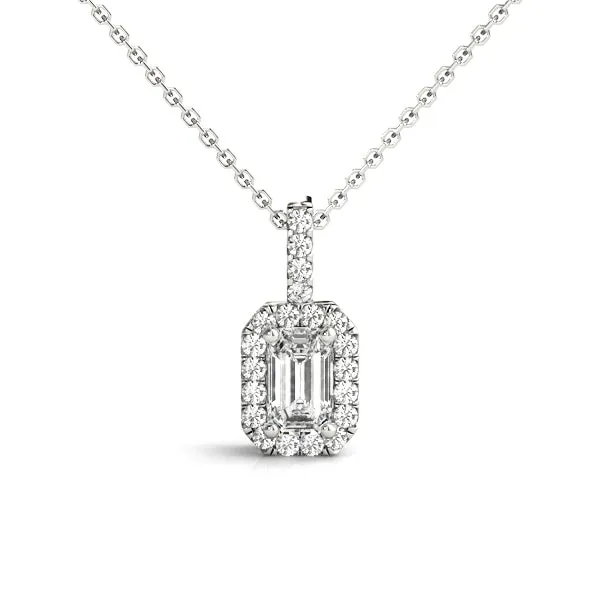 Emerald Cut Diamond Halo Pendant with Prong Setting White gold