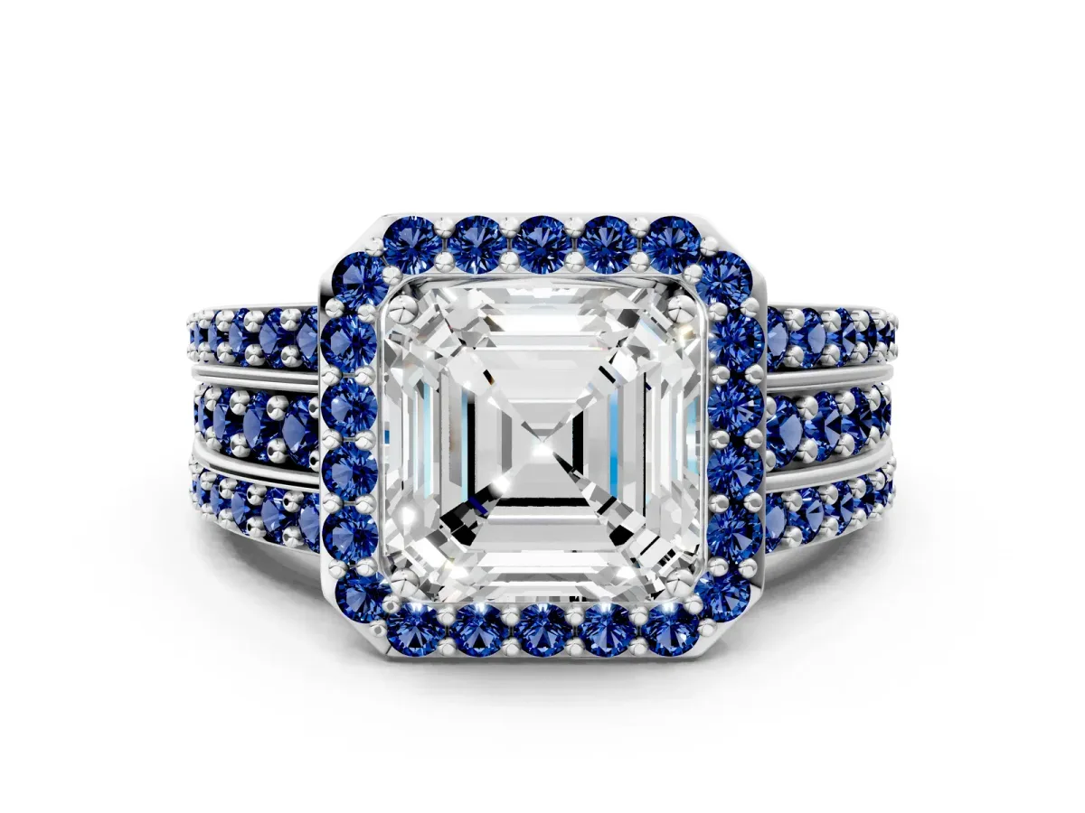 Asscher Cut Halo Diamond Ring with Round Blue Sapphire Split Shank and Prong Setting Silver